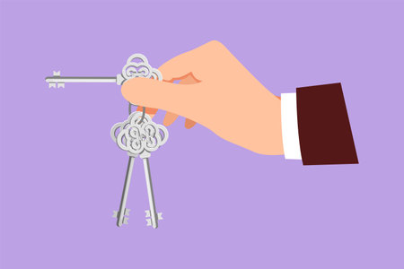 Character flat drawing businessman hand with old keys. Retro style unlock sign and icon. Vintage engraving stylized drawing. Key takeaways design, template, symbol. Cartoon design vector illustrationのイラスト素材
