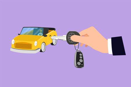 Graphic flat design drawing of hand turning the key in the hole on car door. Young businessman uses key to open the new vehicle. Automobile rental logo, icon, symbol. Cartoon style vector illustrationのイラスト素材