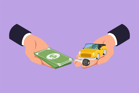 Character flat drawing of buying or renting car logo, icon, symbol. Car and money holding in hand. Hand of car salesman manager and customer holding car and money. Cartoon design vector illustrationのイラスト素材