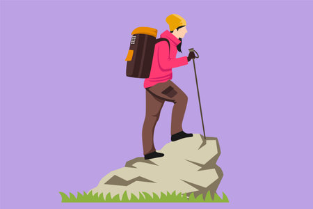 Cartoon flat style drawing pretty woman climbing up cliff or mountain. Funny hikers, tourists or climbers isolated on blue background. Happy girl hiking or trekking. Graphic design vector illustrationのイラスト素材