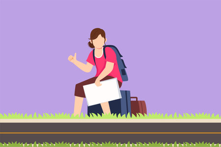 Cartoon flat style drawing beautiful woman with backpacks sitting near road and hitchhiking. Female thumbing or hitching ride. Adventure travel, road trip, tourism. Graphic design vector illustrationのイラスト素材