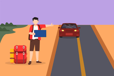 Character flat drawing hitchhiking man with luggage and thumbs up waiting for car by roadside. Young male thumbing or hitching ride. Vacation, holiday and trip icon. Cartoon design vector illustrationのイラスト素材