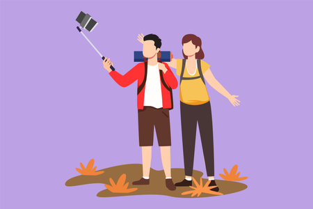 Cartoon flat style drawing of romantic couple tourist with backpack taking selfie over beautiful nature landscape background. Young man and woman hiking nature trip. Graphic design vector illustrationのイラスト素材