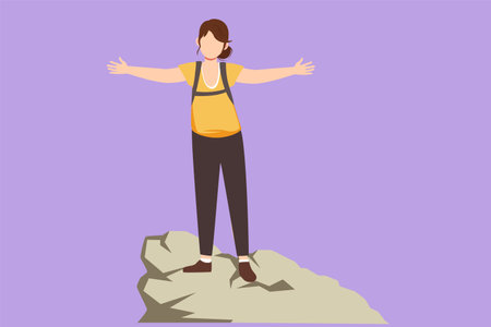 Character flat drawing successful climber woman stands with arms outstretched on top of mountains. Female raised her hands up in joy. Achieving success. Girl power. Cartoon design vector illustrationのイラスト素材