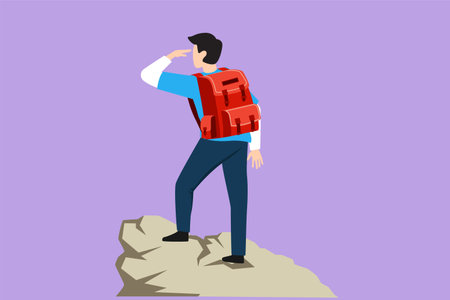 Character flat drawing back view of man with backpack, traveler, explorer standing on top of mountains or cliff, looking on valley. Discovery, exploration, hiking. Cartoon design vector illustrationのイラスト素材