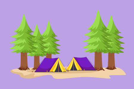 Character flat drawing of stylized two tents camping tourist pine forest mountain expedition. Travel, adventure, nature, expedition and vacation concept, logo, icon. Cartoon design vector illustrationのイラスト素材