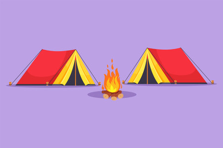 Graphic flat design drawing two tent with bonfire logo icon. Climbing, trekking, hiking, walking. sports, camping, outdoor recreation, adventures in nature, vacation. Cartoon style vector illustrationのイラスト素材