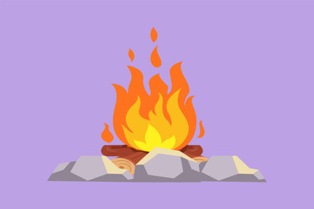 Character flat drawing bonfire for camping activities. Used to warm body in campsite at night, cooking food, water for hot tea. Equipment for hiking, travel, trip. Cartoon design vector illustrationのイラスト素材
