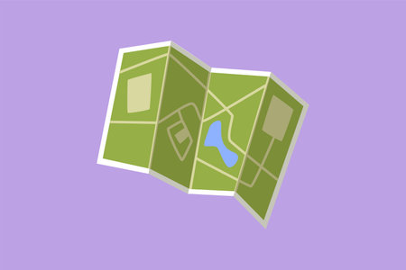 Character flat drawing stylized map for traveling in doodle style. Folded paper map with a route. Map for camping, hiking, holiday, local tourism. Route on map logo. Cartoon design vector illustrationのイラスト素材