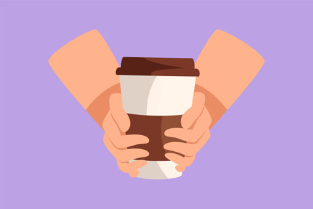 Cartoon flat style drawing take away retro or vintage stylized human hands hold paper cup of hot coffee. Coffee break refreshment from work. Zero waste of beverage. Graphic design vector illustrationのイラスト素材