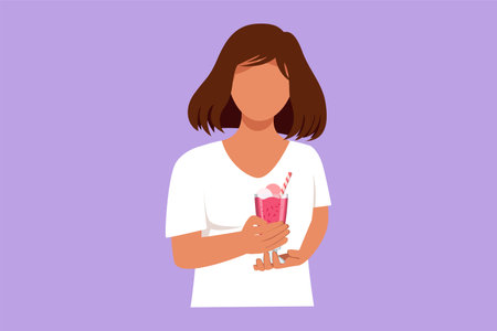 Graphic flat design drawing beautiful woman holding glass with delicious milkshake. Pretty girl holding tasty fresh milk shake with slice of orange. Strawberry drink. Cartoon style vector illustrationのイラスト素材