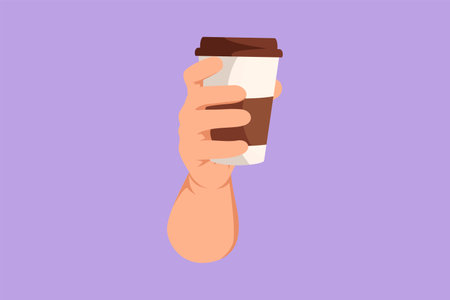 Graphic flat design drawing human hand holding disposable paper cup of hot coffee or tea. Hand holding reusable mug of hot chocolate. Zero waste concept for beverage. Cartoon style vector illustrationのイラスト素材