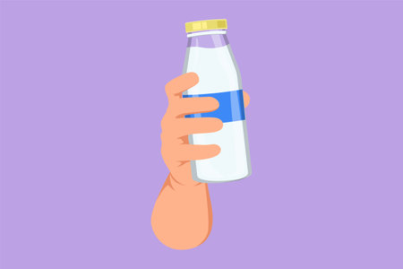 Graphic flat design drawing human hand holding fresh milk on bottle glass packaging healthy drink product. Fresh milk and health food nutrition for children or kids. Cartoon style vector illustrationのイラスト素材