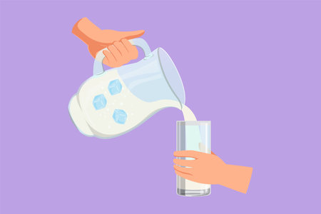 Graphic flat design drawing stylized human hand pouring fresh water from jug with ice into glass. Splashing and pouring pure aqua water in glass from pitcher symbol. Cartoon style vector illustrationのイラスト素材
