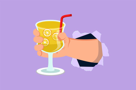 Cartoon flat style drawing hand holding glass with lemonade fruit juice through torn blue paper. Drink made of fresh lemon juice. Juicy orange water. Relaxing time. Graphic design vector illustrationのイラスト素材
