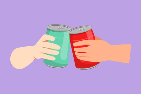 Character flat drawing of two hands clink aluminum can with soda at party. Unhealthy food concept. Soft drink or energy drink. Meeting two friends at birthday party. Cartoon design vector illustrationのイラスト素材