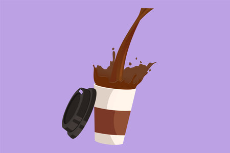 Character flat drawing of pouring coffee into paper cup causing splash. Coffee pouring into disposable paper cup and creating splashes. Zero waste beverage concept. Cartoon design vector illustrationのイラスト素材