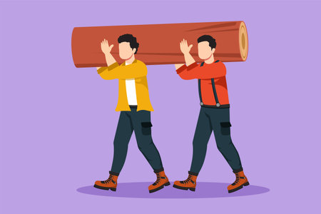 Cartoon flat style drawing couple of lumberjack laborers carrying heavy wooden log on shoulders in forest. Woodcutters working in wood logging industry. Two labor. Graphic design vector illustrationのイラスト素材