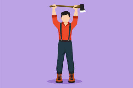 Character flat drawing lumberjack standing mascot hold axe. Wearing shirt, jeans, boots. Holding and lifting up ax with two hands. Lumberjack pose on logging forest. Cartoon design vector illustrationのイラスト素材