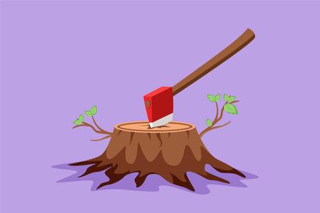 Cartoon flat style drawing stylized hatchet in a tree stump. Tree stump with an axe stuck. Forest, camping concept. Axe in stuck at stump logo, icon, label, symbol. Graphic design vector illustrationのイラスト素材