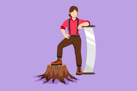 Character flat drawing beautiful woman lumberjack wearing suspender shirt, standing with big steel saw, posing with one foot on tree stump. Strong girl working hard. Cartoon design vector illustrationのイラスト素材