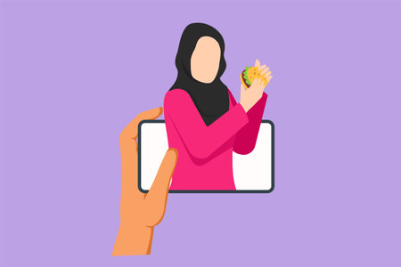 Cartoon flat style drawing beautiful Arab woman food blogger eating burger while creating new content video for her channel by using smartphone. Food review blogger. Graphic design vector illustrationのイラスト素材