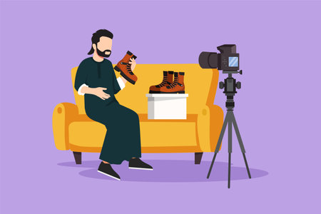 Graphic flat design drawing social media influencer reviewing boots. Young Arabian man vlogging about men's sports shoe and filming himself at home on video camera. Cartoon style vector illustrationのイラスト素材