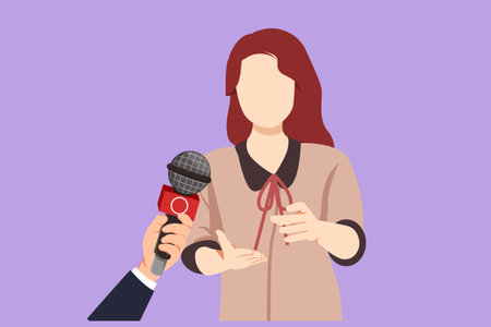 Cartoon flat style drawing business interview with young girl. Digital journalism. News conference world live tv hands of journalists microphones interview concept. Graphic design vector illustrationのイラスト素材