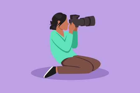 Graphic flat design drawing beautiful woman photographer holding dslr camera taking photographs. Professional photographer taking pictures. Creative profession job. Cartoon style vector illustrationのイラスト素材