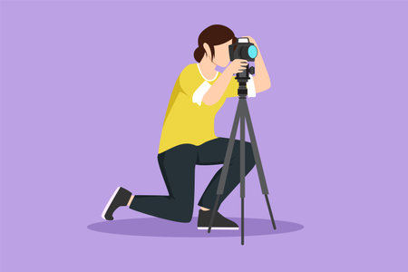 Cartoon flat style drawing beautiful professional woman photographer kneeling for taking pictures with digital camera and tripod. Digital photography hobby for girl. Graphic design vector illustrationのイラスト素材