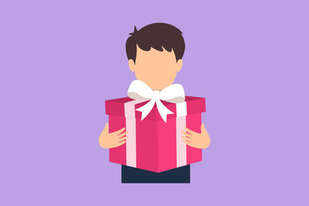 Character flat drawing adorable kid holding big ribbon bow wrapped gift box in front of his in arms. Happy little boy carries holiday gift box with bow in his hands. Cartoon design vector illustrationのイラスト素材