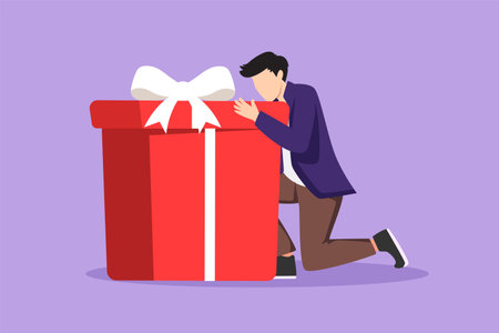 Character flat drawing of joyful businessman hugging huge birthday gift. Young satisfied male sitting near wrapped birthday gift box with bow from office or company. Cartoon design vector illustrationのイラスト素材