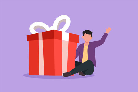 Graphic flat design drawing loyalty program for regular clients. Businessman holds big gift box. Gift for holiday. Happy male sitting next to large gift from office. Cartoon style vector illustrationのイラスト素材