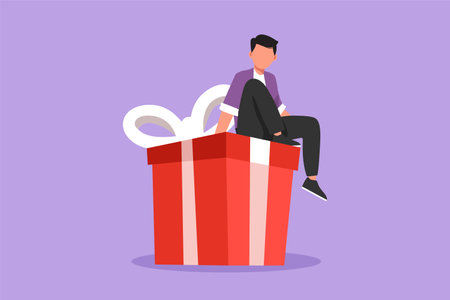 Graphic flat design drawing of young businessman sitting on big gift box. Big present from client. Man sitting on big box with present. Happy person gets a huge gift. Cartoon style vector illustrationのイラスト素材