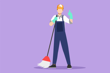 Graphic flat design drawing floor care and cleaning services with washing mop in sterile factory or clean hospital. Cleaning man service pose with thumbs up gesture. Cartoon style vector illustrationのイラスト素材