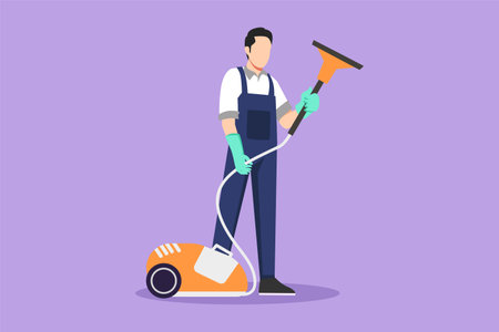 Graphic flat design drawing young man works at home, do cleaning in jumpsuit. Active male with vacuum cleaner. Household home appliances. Disinfection and cleaning. Cartoon style vector illustrationのイラスト素材