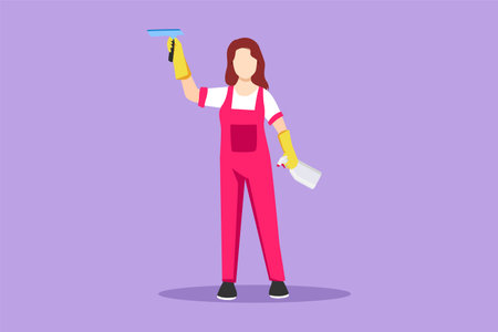 Character flat drawing of smiling cleaning staff member is wiping the window with brush and spray. Concept of woman cleaning windows from dust in different premises. Cartoon design vector illustrationのイラスト素材