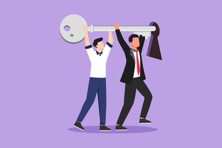 Cartoon flat style drawing business key concept with two male figures wearing suits while lifting and inserting huge key to keyhole. Businessman movement forwards. Graphic design vector illustrationのイラスト素材