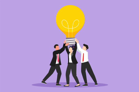 Graphic flat design drawing group of active people hold huge lamp new idea. Success in business rely on teamwork, good planning, finding creative solution to problem. Cartoon style vector illustrationのイラスト素材