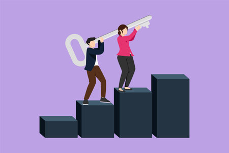 Character flat drawing teamwork. Unlock business solution concept. Businessman or entrepreneur lifting key and climbing up column chart or stairs to win or success. Cartoon design vector illustrationのイラスト素材