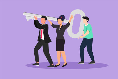 Character flat drawing group of business team holding and carrying big key to unlock the lock. Cooperative teamwork businessman woman, collaborative project concept. Cartoon design vector illustrationのイラスト素材