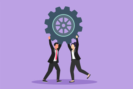 Cartoon flat style drawing of collaboration project. Active man and woman lifting gears. People...