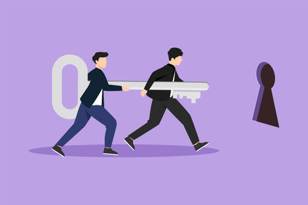 Character flat drawing business teamwork key of success concept. Businessman working in team. People bring big key to hole, stepping forward to open bright future. Cartoon design vector illustrationのイラスト素材