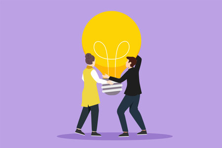 Graphic flat design drawing two people hold big idea bulb. Creativity, brainstorming, teamwork. Businessman woman holding light bulb up, symbol of finding solution. Cartoon style vector illustrationのイラスト素材