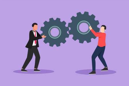 Cartoon flat style drawing teamwork cooperation in gears mechanism. Two businessmen collaboration engaged in business direction to successful. Huge cogwheel machine. Graphic design vector illustrationのイラスト素材