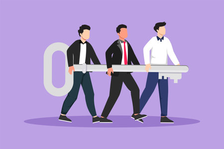 Character flat drawing of problem solving team of business man with a key solution concept. Businessmen carry big golden key. Build creative people world collection. Cartoon design vector illustrationのイラスト素材