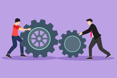 Graphic flat design drawing two businessman pushing big cogs together. Teamwork cooperation in gears mechanism. Young men work on push gears, teamwork or leadership. Cartoon style vector illustrationのイラスト素材