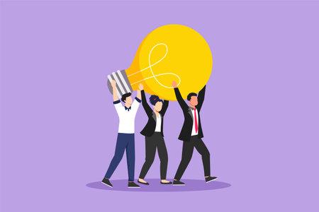 Character flat drawing concept of joint teamwork, building business team. Businessman and beautiful woman hold and lift light bulb. Idea generation, creative search. Cartoon design vector illustrationのイラスト素材