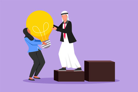 Graphic flat design drawing pretty Arab woman helping active man to lifting light bulb at stair. Business idea, teamwork, goal achievement, solution, success, winner. Cartoon style vector illustrationのイラスト素材