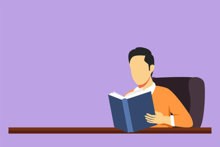 Graphic flat design drawing smart student sitting at table, holding book in hand. Active student reading book in library. Student reading book and preparing for exam. Cartoon style vector illustrationのイラスト素材